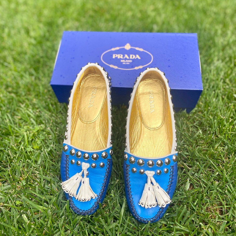 Prada navy/blue Leather Studded Slip On with white tassels